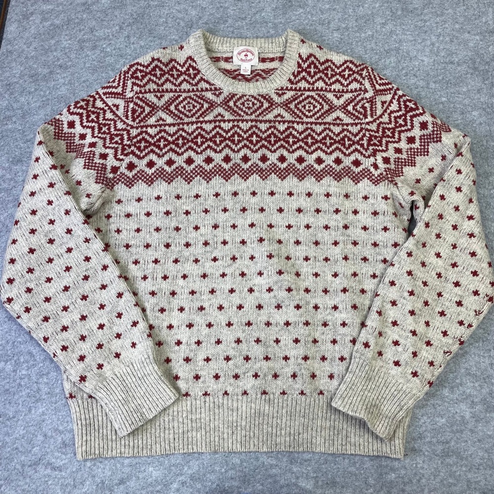 Brooks Brothers Red Fleece Wool Fair Isle Sweater Mens Large Cream Red Knit